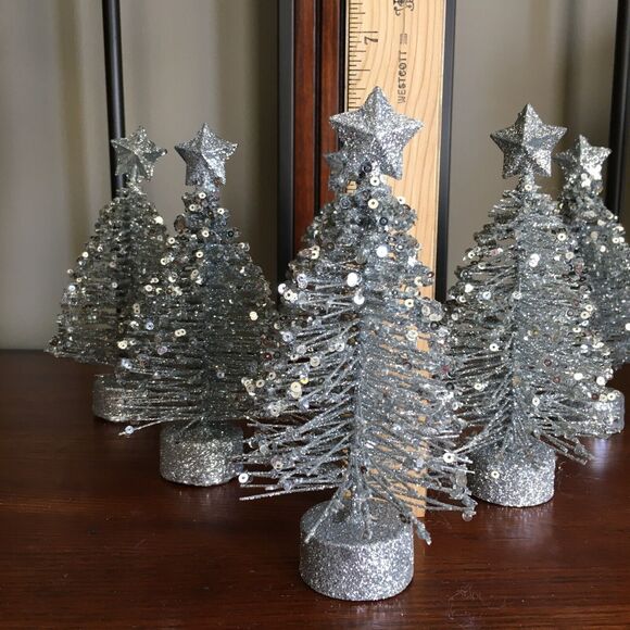 6 Silver Glitter Tabletop Decor Star Topped Bottle Brush Christmas Trees - Picture 12 of 16